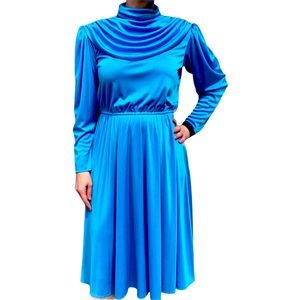Vintage 70s Blue High Neck Draped Dress